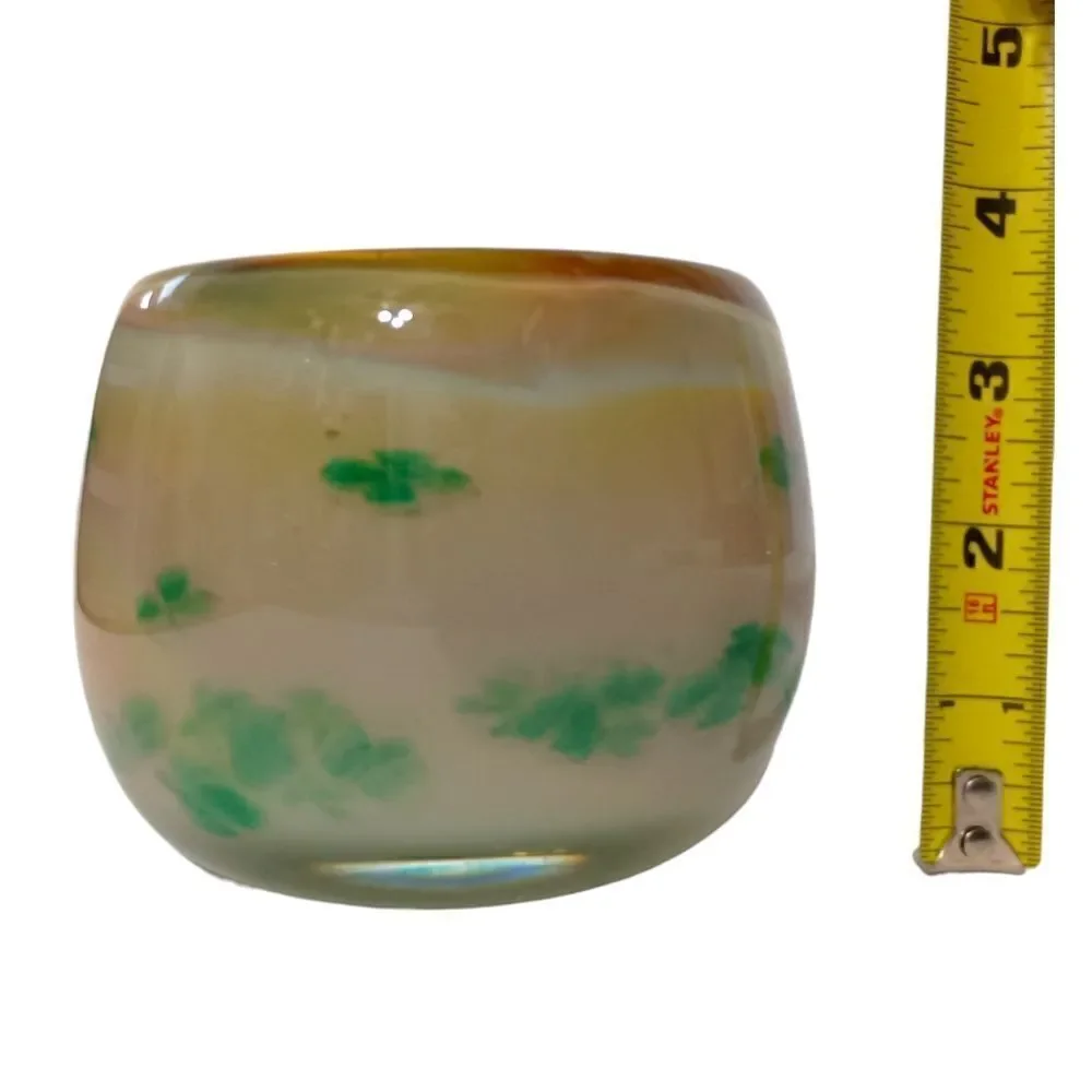 Hand Blown Studio Art Glass Votive Candle Holder Green Floral Tealight‎ Signed